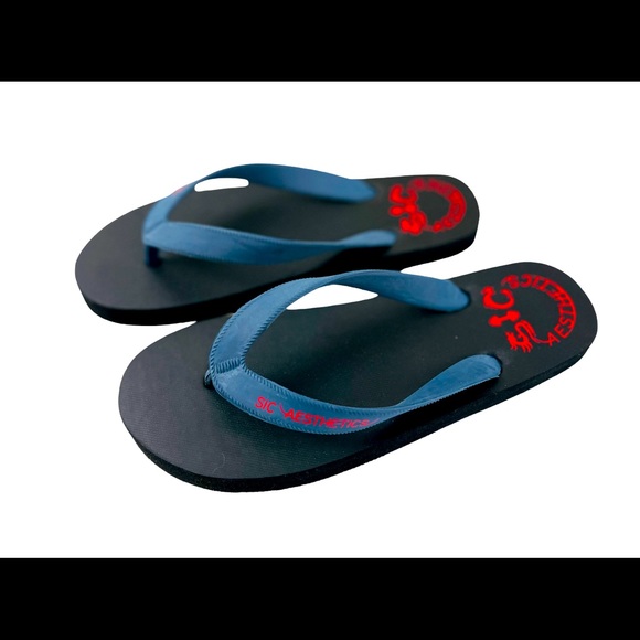SIC AESTHETICS Flip Flops 100% Rubber Waterproof Surf&Pool 1 Pair Black/Blue - Picture 8 of 8